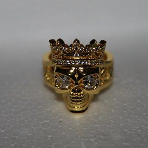 New Men's Gold Crown Skull Copper Ring Inlaid with White Cubic Zirconia Size 8